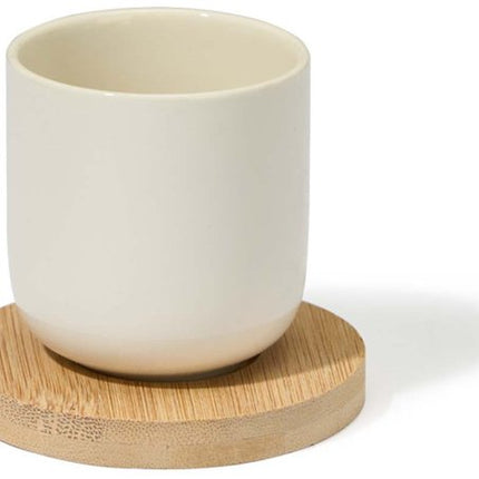 Set van 4 Witte Keramische Koffiekopjes met Bamboe Coasters – 95ml – Geschikt voor Vaatwasser en Magnetron