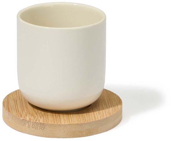 Set aus 4 weißen Keramik-Kaffeetassen mit Bambus-Untersetzern – 95 ml – spülmaschinen- und mikrowellengeeignet