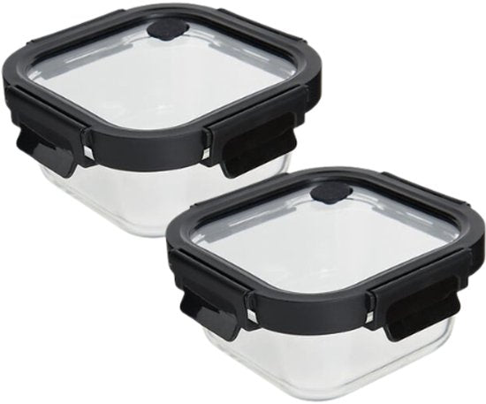 Vershoudbakjes - Set van 2 - Bewaarbakjes met Deksel - Magnetronbestendige Lunchbox - Voedselcontainer - Vierkante - 500ml - Borosilicaat Glas - 15.2 x 15.2 x 6.9 cm - Transparante en Zwart Deksel