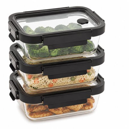 Vershoudbakjes Glas Set van 3 - Meal Prep Bakjes 370ml - Glazen Lunchbox met Deksel - Vershouddoos - Zwart