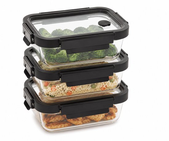 Ensemble de 4 récipients de conservation en verre - Boîtes de préparation de repas - Lunchbox en verre avec couvercle - 2 x 0,5 L & 2 x 1,3 L