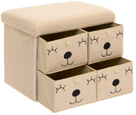Atmosphera Kids Ezzio Opbergpoef met 4 lades - 39x38x50cm - Opvouwbaar - Beige