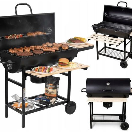 Großer Holzkohlegrill auf Rädern mit Deckel, Thermometer und verstellbaren Rosten – Ideal für den Garten