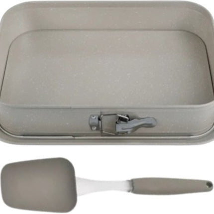 Bakset - Bakvorm met Spatel - Bakvorm met Afneembare Rand - Non-Stick Marmer Coating - Carbon Staal Cakevorm - Rechthoekige Springvorm 39x27 cm - Grijs