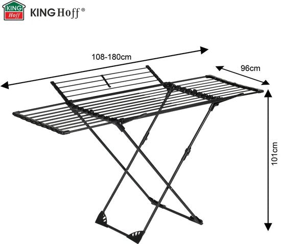 Kinghoff Faltbarer Wäscheständer – Bis zu 20 kg – 108-180 cm – Schwarz