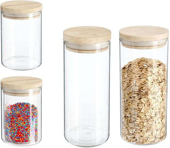 Secret de Gourmet - Boîtes de conservation pour cuisine - verre / bois - lot de 4 - 600 et 1000 ml