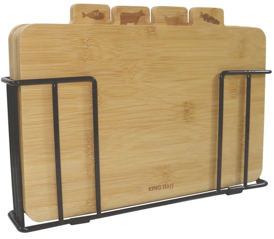 Kinghoff - 4-teiliges Schneidebrett-Set - Schneidebretter mit Ständer - Küchen-Schneidebrettset - Fleisch, Fisch, Geflügel & Gemüse - Bambus - 28,5 x 20 cm