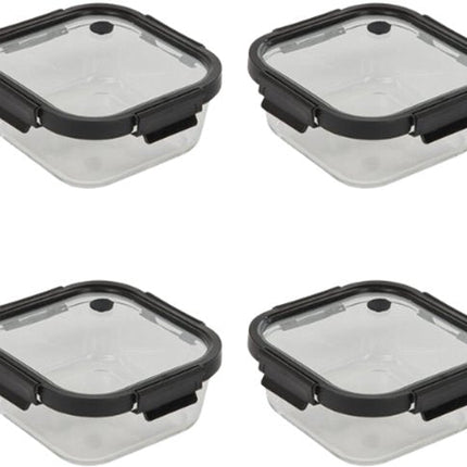 Vershoudbakjes - Set van 4 - Bewaarbakjes met Deksel - Magnetronbestendige Lunchbox - Voedselcontainer - Vierkante - 1.1 Liter - Borosilicaat Glas - 19.3 x 19.3 x 8.1 cm - Transparante en Zwart Deksel