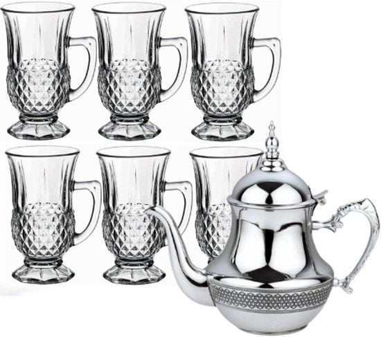 Hakal - Marokkaanse Theepot & Drinkglazen Set - 1.8L - RVS Theepot - 6 Drinkglazen met Handvat 125ml - Transparant & Zilver