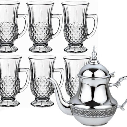 Hakal - Marokkaanse Theepot & Drinkglazen Set - 1L - RVS Theepot - 6 Drinkglazen met Handvat 125ml - Transparant & Zilver