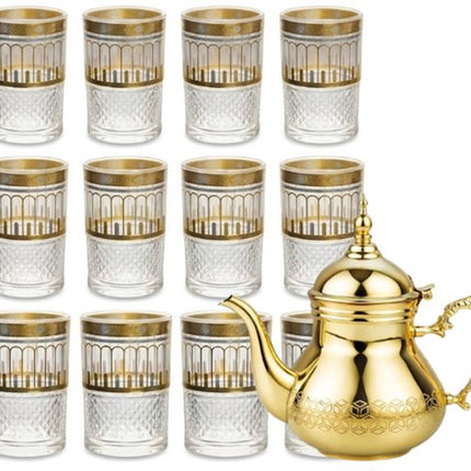 Hakal - Sultana Arabische Theepot & Marokkaanse Theeglazen Set - 1.8L - RVS Theepot - 12 Theeglazen 160ml - Goudkleurig Motief