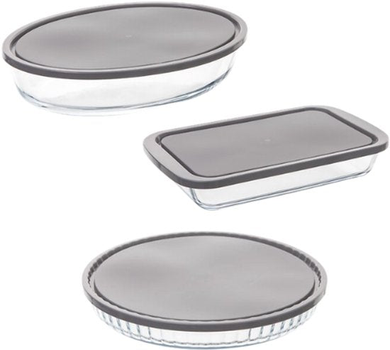 Glazen Ovenschaal Set - Set van 3 - Ovenschalen met Deksel - Magnetronbestendig - Voor Bakken, Bewaren en Opwarmen - Rechthoekige, Ovale en Ronde Bakschaal - Grijs & Transparant