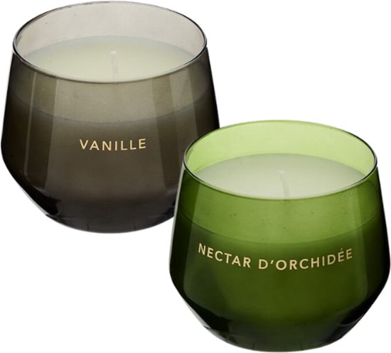 Scented Candle - Glowy Scented Candle in Glass Jar - Vanilla & Orchid - Scented Candle - Set of 2 - Luxury Home Decor - 300 g - Ø10 x 7.8 cm - Black & Green