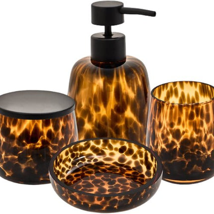 Badkameraccessoiresset - Glazen Luxe Badkamer Set - 4-delig - Dotty Badkameraccessoires Set - 400ml Zeepdispenser - Tandenborstelhouder - Zeepbakje - Wattenschijfjes Pot - Bruin