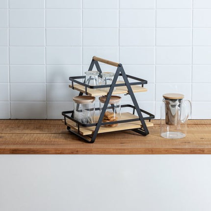5Five Keuken/aanrecht rekje - metaal/bamboe hout - 30 x 22 x 29 cm - keuken organizer - naturel/zwart - 2 laags