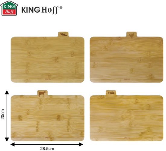 Kinghoff - 4-teiliges Schneidebrett-Set - Schneidebretter mit Ständer - Küchen-Schneidebrettset - Fleisch, Fisch, Geflügel & Gemüse - Bambus - 28,5 x 20 cm