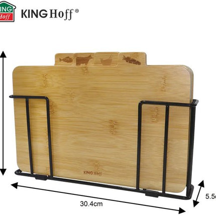 Kinghoff - 4 Delige Snijplank - Snijplanken met Standaard - Keuken Snijplankenset - Vlees, Vis, Gevogelte & Groenten - Bamboe - 28.5 x 20 cm
