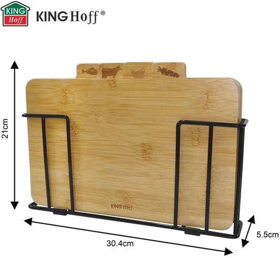 Kinghoff - 4-teiliges Schneidebrett-Set - Schneidebretter mit Ständer - Küchen-Schneidebrettset - Fleisch, Fisch, Geflügel & Gemüse - Bambus - 28,5 x 20 cm