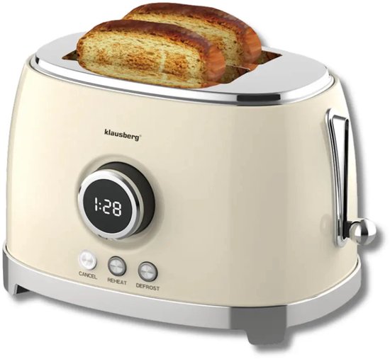 Klausberg - Broodrooster - Keuken Toaster - Toaster met LED Display en 6 Standen - Brede Sleuven Broodrooster - 2 Sneden - Retro Design - Ontdooifunctie & Opwarmfunctie - 850W - ca. 28.5 x 18.5 x 20 cm - Beige