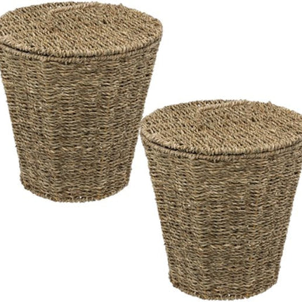 2-Delige - Reed Opbergmandenset - Afvalbak - Gevlochten Rieten Opbergmand met Deksel - Decoratieve Opbergbox - Boho Woonaccessoires - 9 Liters - 26 x 26 x 30 cm - Bruin