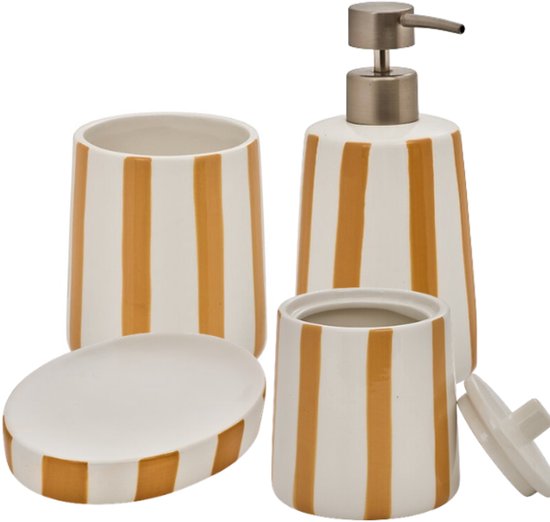 Badkameraccessoiresset - 4-delig Stijlvolle Badkamer Accessoires - Strio Tandenborstelhouder - Zeepdispenser - Zeepschaal - Wattenpot - Keramisch Dolomiet – Geel & Wheat