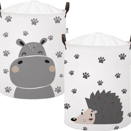 SIPO Speelgoedmand - Opbergbak - Opbergmand - Set van 2 - Hedgehog & Hippo Design - Opvouwbare Katoen Mand - Met Waterdichte Voering - Voor Speelgoed & Kleding - XL - 43 Liters - 35 x 35 x 45 cm - Multicolor