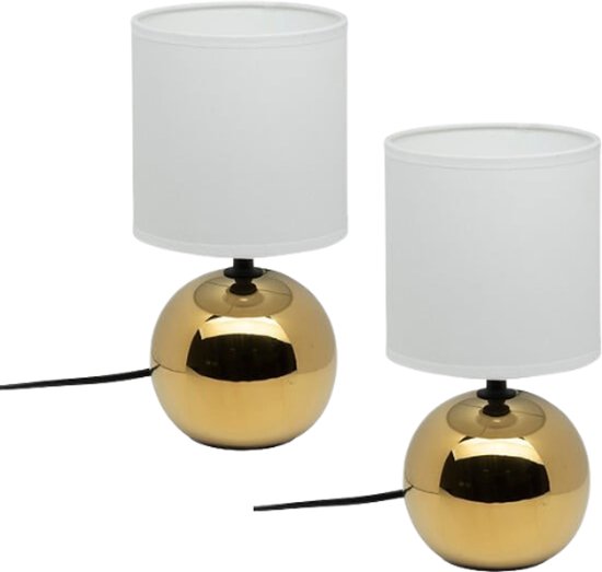 Timéo Bol Tafellamp - Keramische Lamp - Set van 2 - Moderne Tafellamp met Kabel - Sfeerverlichting voor Woonkamer - Slaapkamer - Bureau - 25cm in Hoogte - Goud