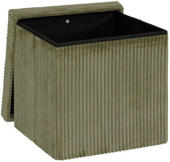 Pouf coffre Atmosphera Essestial velours côtelé - pliable - vert - MDF / polyester - 38 cm - avec espace de rangement - assise supplémentaire
