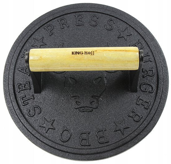 Kinghoff gietijzeren vleespers Ø 22 cm – burger- en steakpers met houten handvat – foto 2