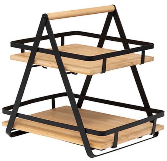 5Five Keuken/aanrecht rekje - metaal/bamboe hout - 30 x 22 x 29 cm - keuken organizer - naturel/zwart - 2 laags