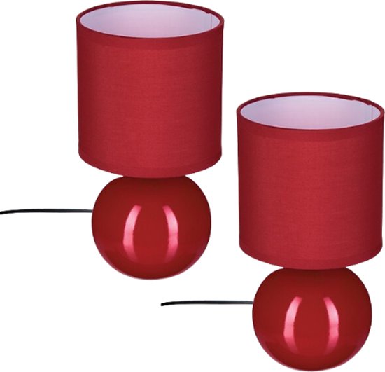 Timéo Bol Tafellamp - Keramische Lamp - Set van 2 - Moderne Tafellamp met Kabel - Sfeerverlichting voor Woonkamer - Slaapkamer - Bureau - 25cm in Hoogte - Rood