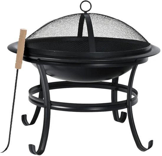 KINGHoff - Vuurkorf - Tuinhaard Buiten met Grill - Terras Vuurplaats met Vonkenscherm - Houtskool Vuurkorf Tuin - Inclusief Pook - Metaal - Ø54.5 x 53 cm - Zwart