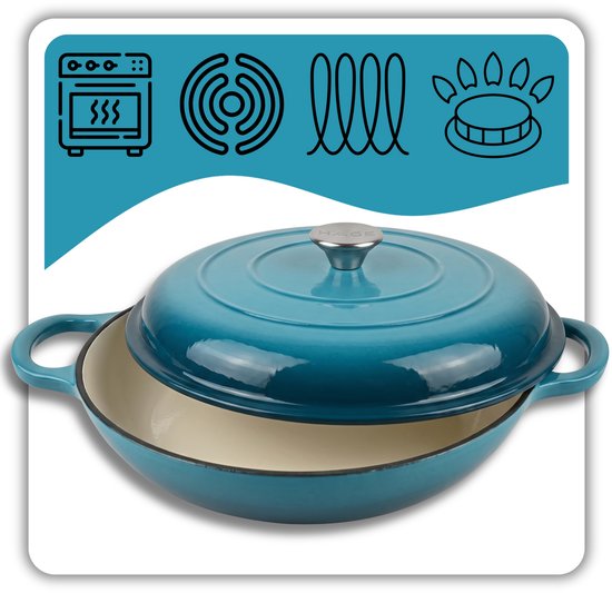 Hage gietijzeren braadpan 30 cm, 3 liter, azuurblauw, met deksel en 2 handgreephoezen