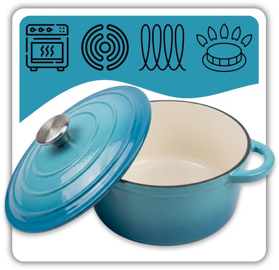 Hage gietijzeren kookpan 22 cm met deksel, 3 liter, geëmailleerd, azuurblauw
