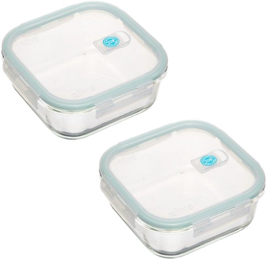 Boîte de conservation - Boîte de conservation en verre - Récipient alimentaire avec couvercle - Lot de 2 - Hermétique - Verre borosilicaté - Carré - 1,18 L - 18,3 x 18,3 x 7,3 cm - Bleu
