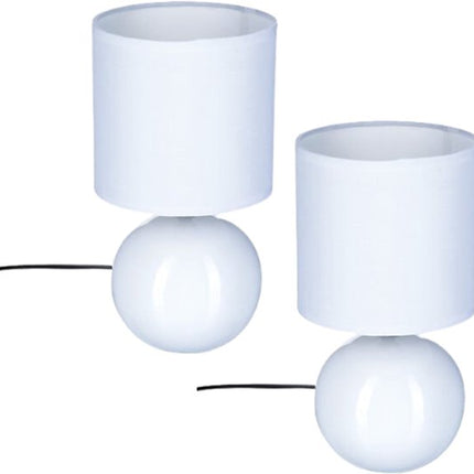Timéo Bol Tafellamp - Keramische Lamp - Set van 2 - Moderne Tafellamp met Kabel - Sfeerverlichting voor Woonkamer - Slaapkamer - Bureau - 25cm in Hoogte - Wit