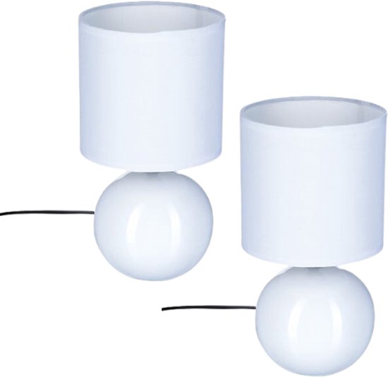 Timéo Bol Tafellamp - Keramische Lamp - Set van 2 - Moderne Tafellamp met Kabel - Sfeerverlichting voor Woonkamer - Slaapkamer - Bureau - 25cm in Hoogte - Wit