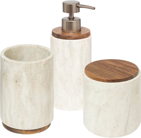 Côme badkameraccessoires set beige – 3-delige wastafelset van polyresin