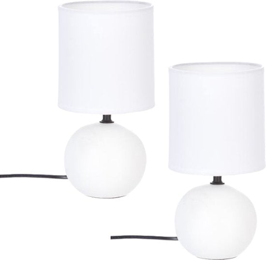 Timéo Bol Tafellamp - Keramische Lamp - Set van 2 - Moderne Tafellamp met Kabel - Sfeerverlichting voor Woonkamer - Slaapkamer - Bureau - 25cm in Hoogte - Matwit