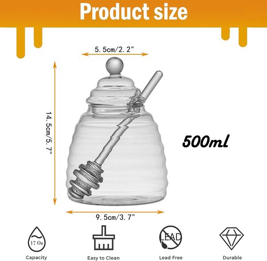 500 ml glazen honingpot met honinghouder en honinglepel, transparant glas honingglas met deksel, honingglazen voor het serveren van honing en siroop