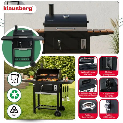 Klausberg Houtskoolbarbecue met Deksel en Thermometer - 42 x 30 cm - Verrijdbare BBQ met Zijtafels