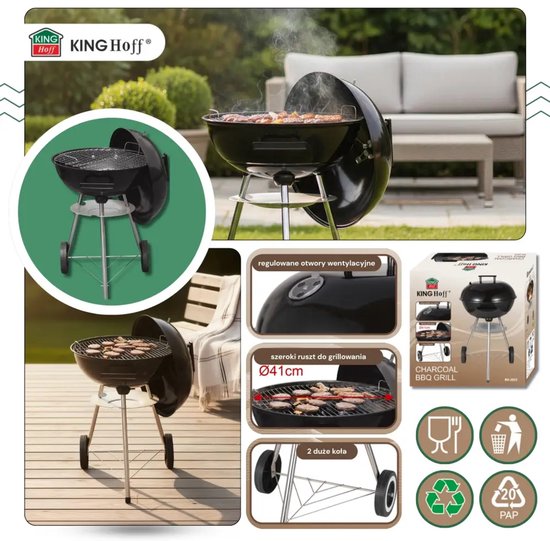 Barbecue boule Kinghoff avec couvercle et roulettes – Ø43 cm – Noir