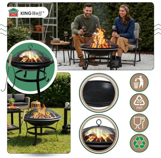 KINGHoff - Vuurkorf - Tuinhaard Buiten met Grill - Terras Vuurplaats met Vonkenscherm - Houtskool Vuurkorf Tuin - Inclusief Pook - Metaal - Ø54.5 x 53 cm - Zwart