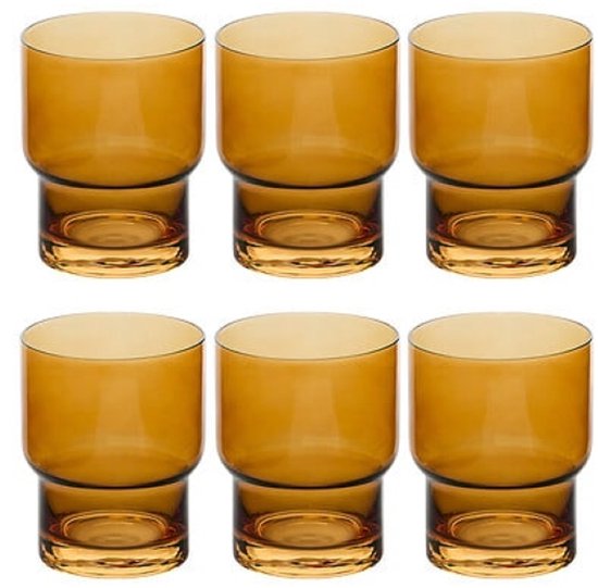 Ella Glazen Tumblers - Waterglazen - Set van 6 - Whiskyglazen - Retro Drinkglazen - Keukenglas Set - Glas - 300ml - Ø8 x 10 cm - Ochre