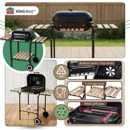 KINGHOFF Houtskoolbarbecue KH-2034 - BBQ met Deksel, Zijtafels en Wielen - 43 x 39,6 cm