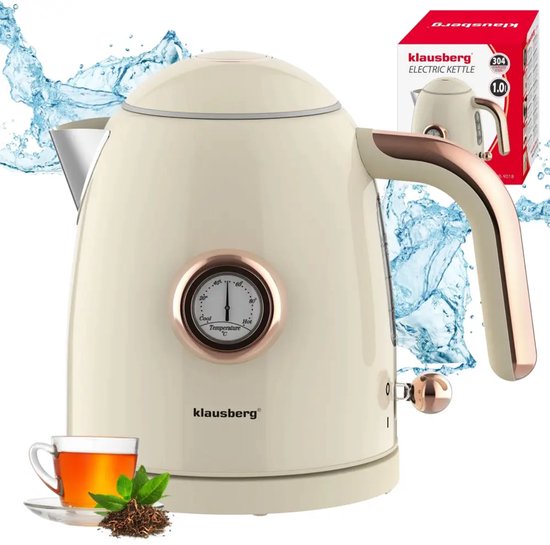 Klausberg retro waterkoker met thermometer – 1 liter, 1200 W, RVS, crème – foto 2