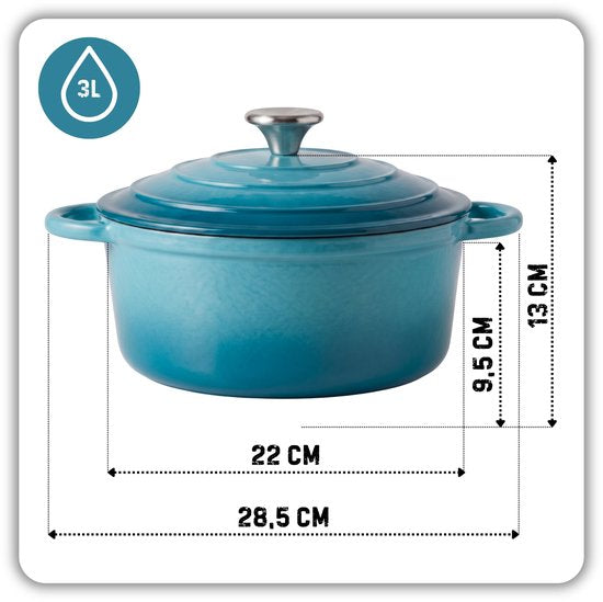 Hage gietijzeren kookpan 22 cm met deksel, 3 liter, geëmailleerd, azuurblauw