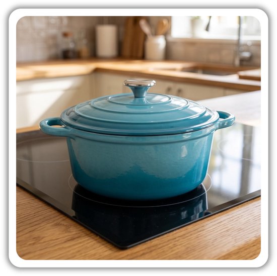 Hage gietijzeren kookpan 22 cm met deksel, 3 liter, geëmailleerd, azuurblauw