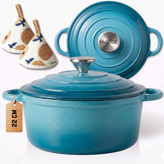 Hage gietijzeren kookpan 22 cm met deksel, 3 liter, geëmailleerd, azuurblauw