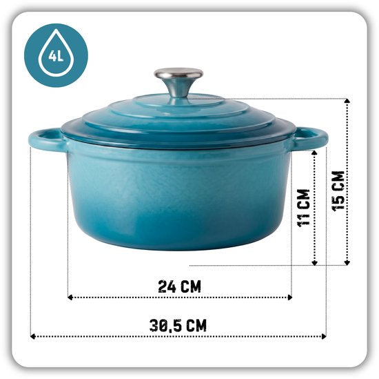 Hage gietijzeren braadpan met deksel, 24 cm, 4 liter, azuurblauw